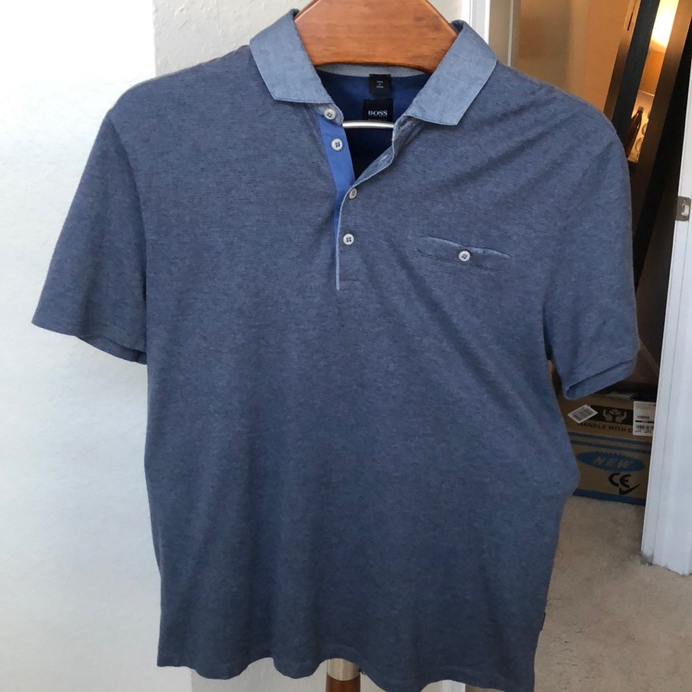 Hugo Boss large heathered blue polo shirt